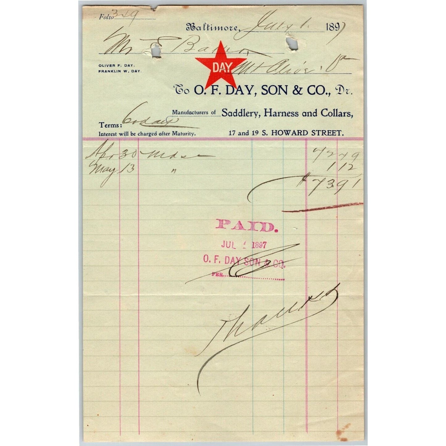 1897 Letterhead Billhead O.F. Day, Son Saddlery Baltimore - Ephraim Baker*