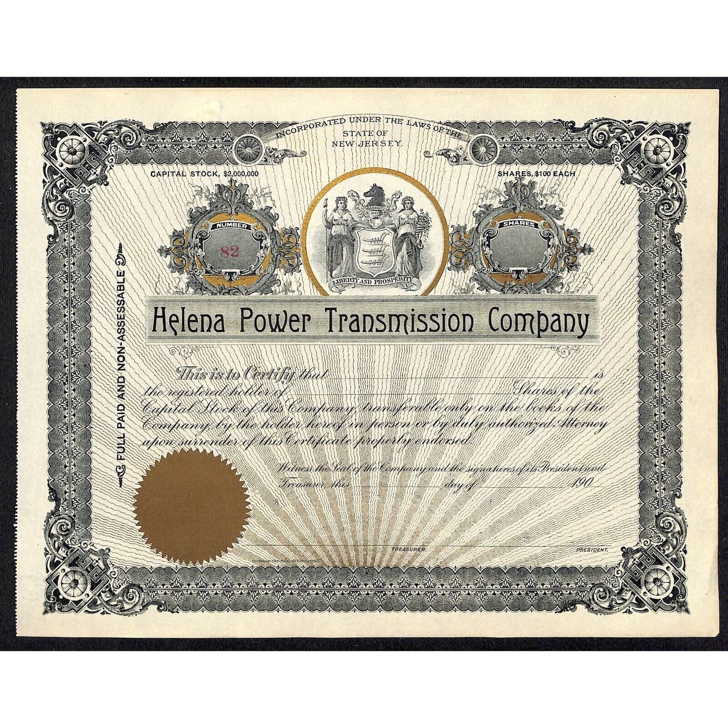 Helena Power Transmission Co. Montana c1901 - 1909 Unused Stock Certificate