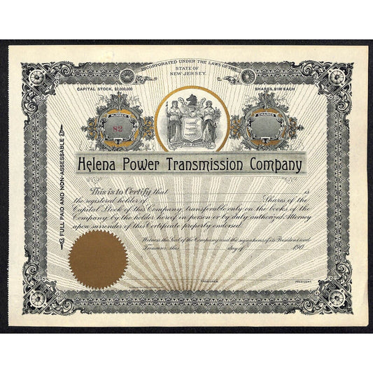 Helena Power Transmission Co. Montana c1901 - 1909 Unused Stock Certificate