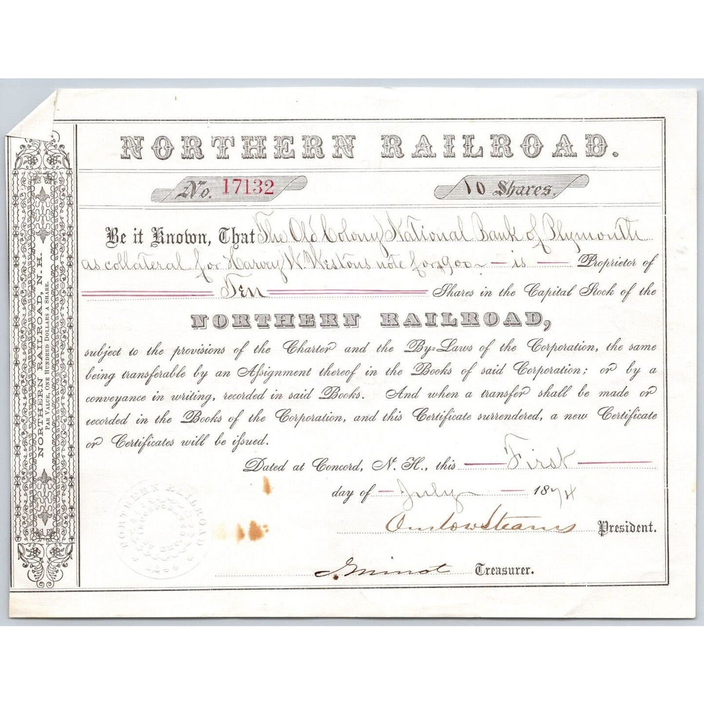 1874 Boston, MA Northern Railroad Stock Certificate No. 17132 for 10 Shares