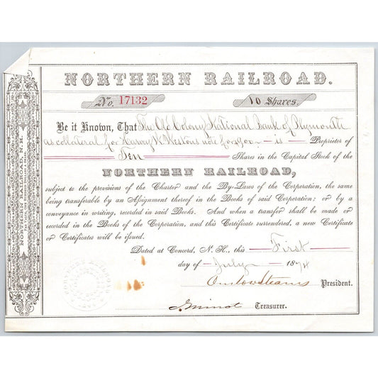 1874 Boston, MA Northern Railroad Stock Certificate No. 17132 for 10 Shares