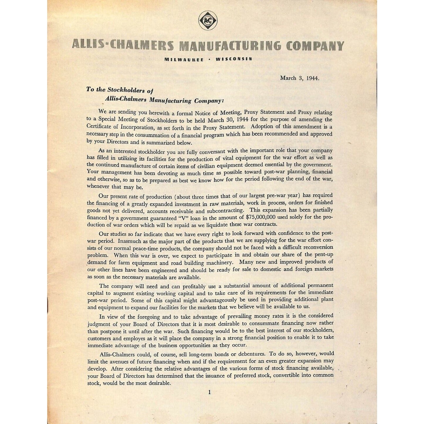 Allis-Chalmers 1944 Financial Statement 38pp VGC / EXC
