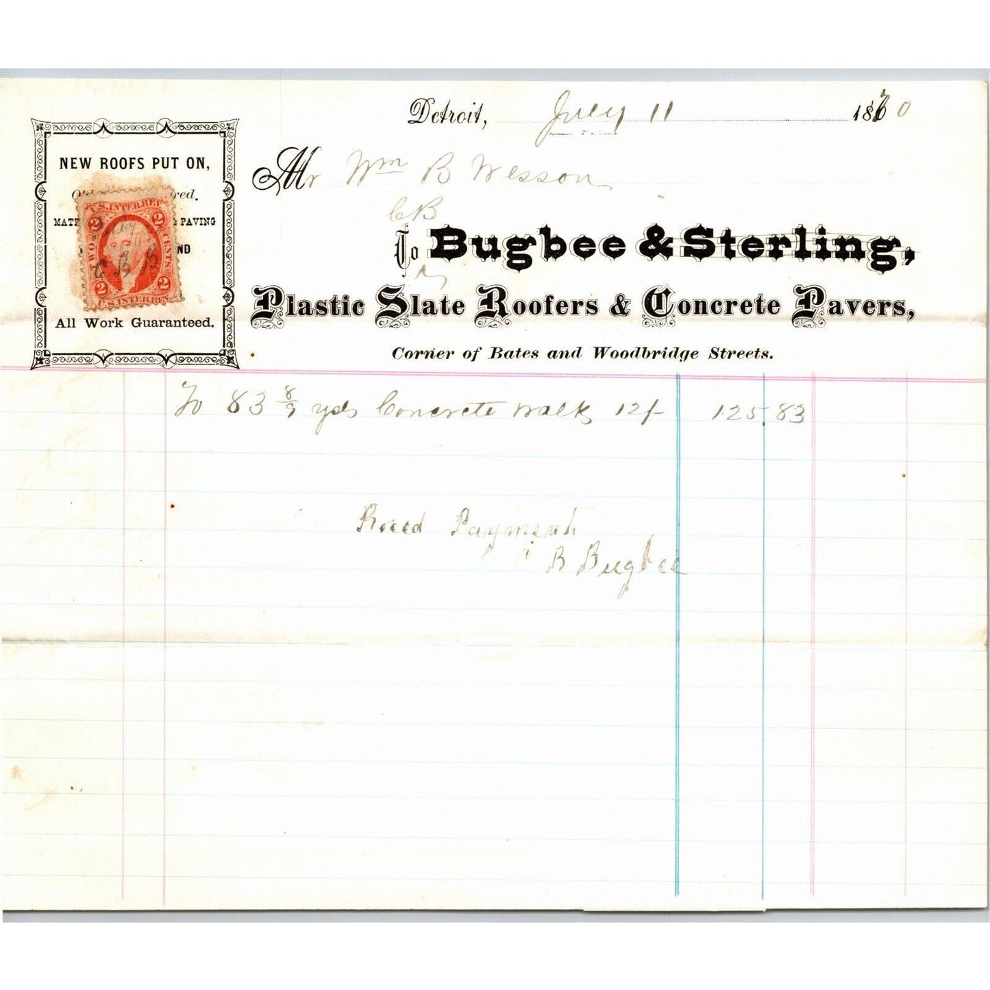 Detroit Letterhead - Bugbee & Sterling "Plastic Slate Roofers" 1870 w/ Rev Stamp