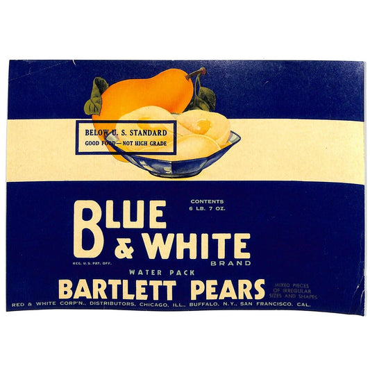 1941 Paper Can Label Blue & White Brand Bartlett Pears "Below U.S. Standard"