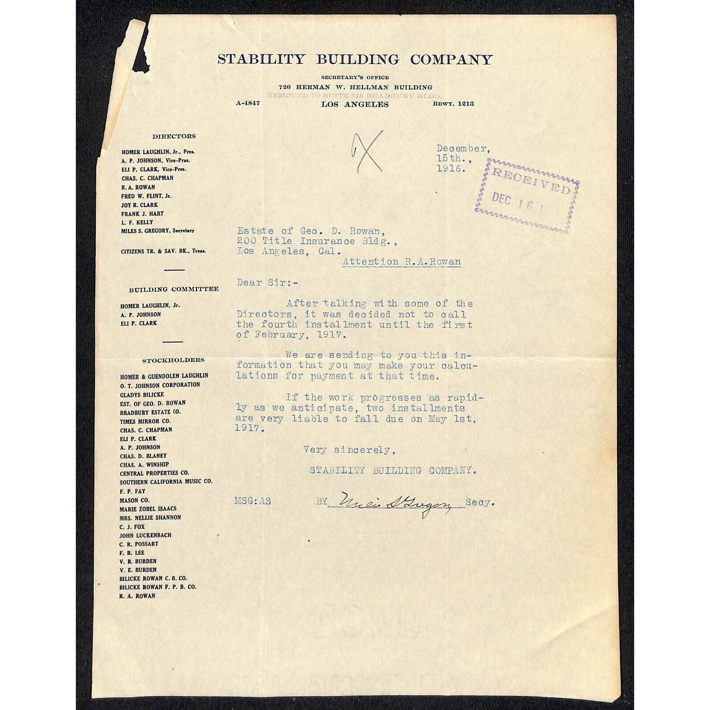 Stability Building Company Los Angeles - 1916 Letterheads (2)