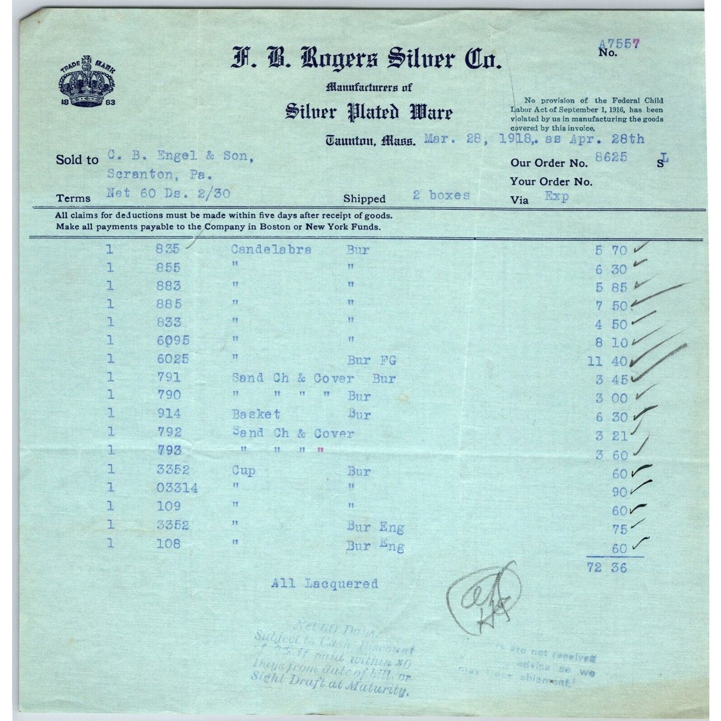 Taunton, MASS F.B. Rogers Silver Co. "Engel" 1918 Billhead Scarce