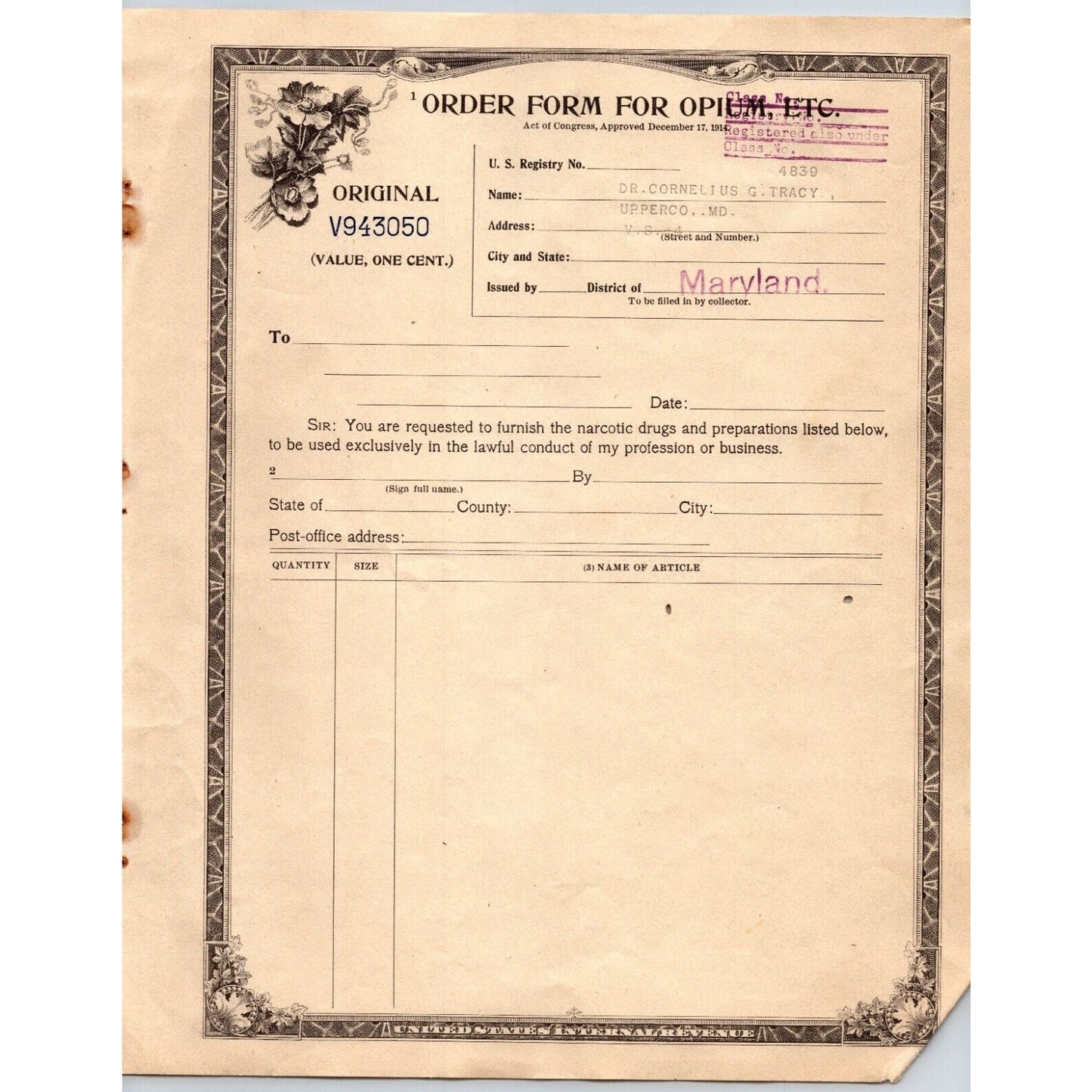 Opium / Narcotic Order Form - Original IRS Issued in Maryland c1922 V943050