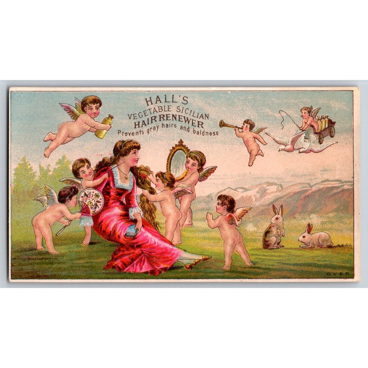 Many Cherubs / Angels Doting on Woman's Hair Victorian Trade Card Hall's Renewer