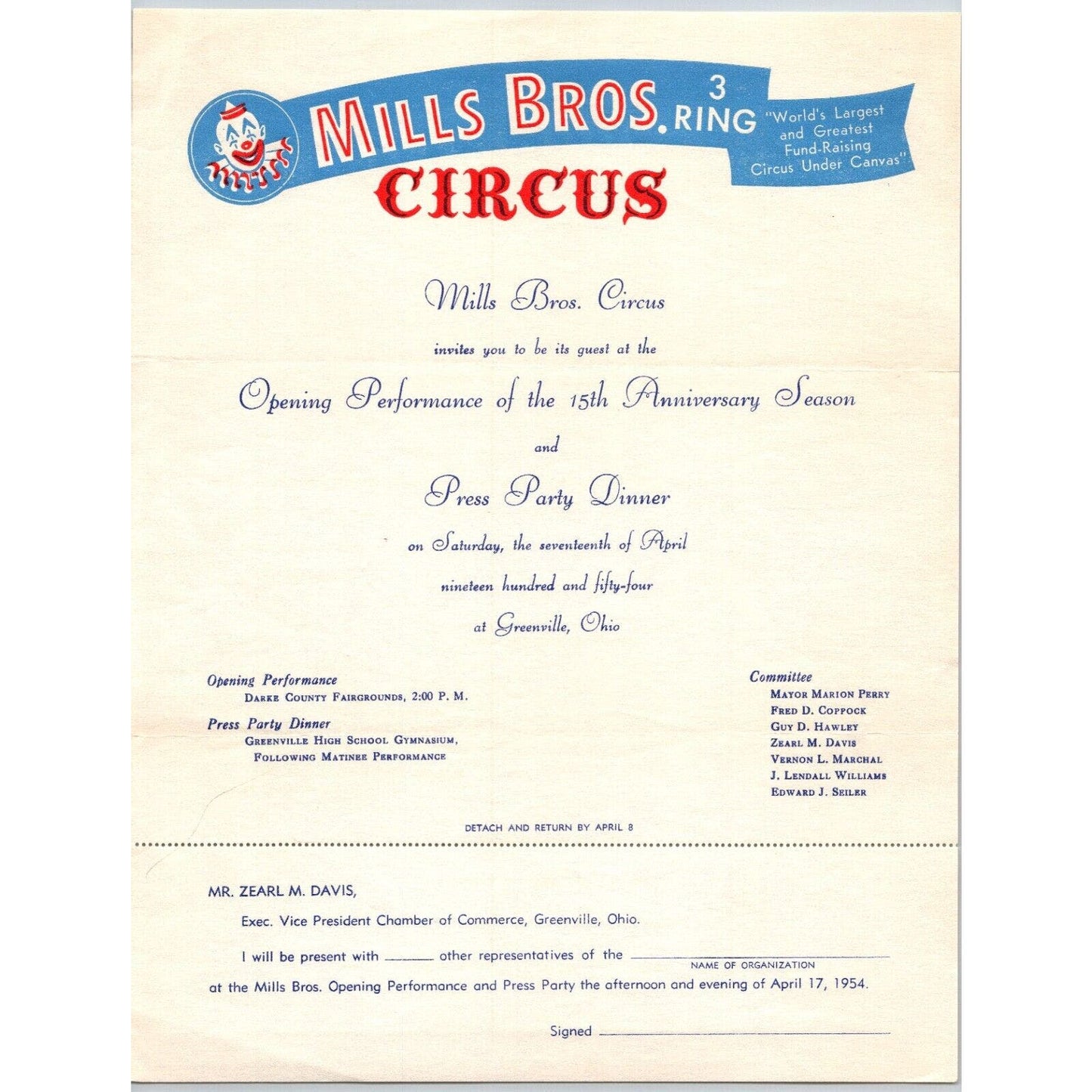 Miller Bros. 3 Ring Circus Letterhead re: Press Party Dinner c1954 Scarce