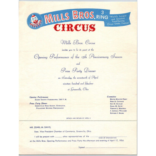 Miller Bros. 3 Ring Circus Letterhead re: Press Party Dinner c1954 Scarce