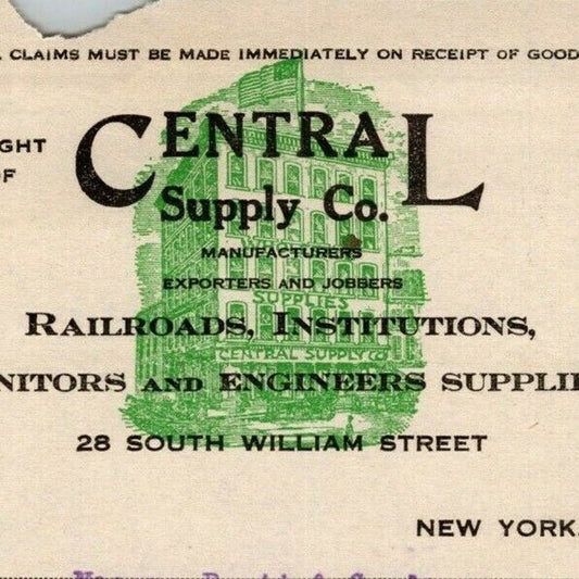 1917 Central Supply Co. Soap Brass Polish Billhead Letterhead South William NYC