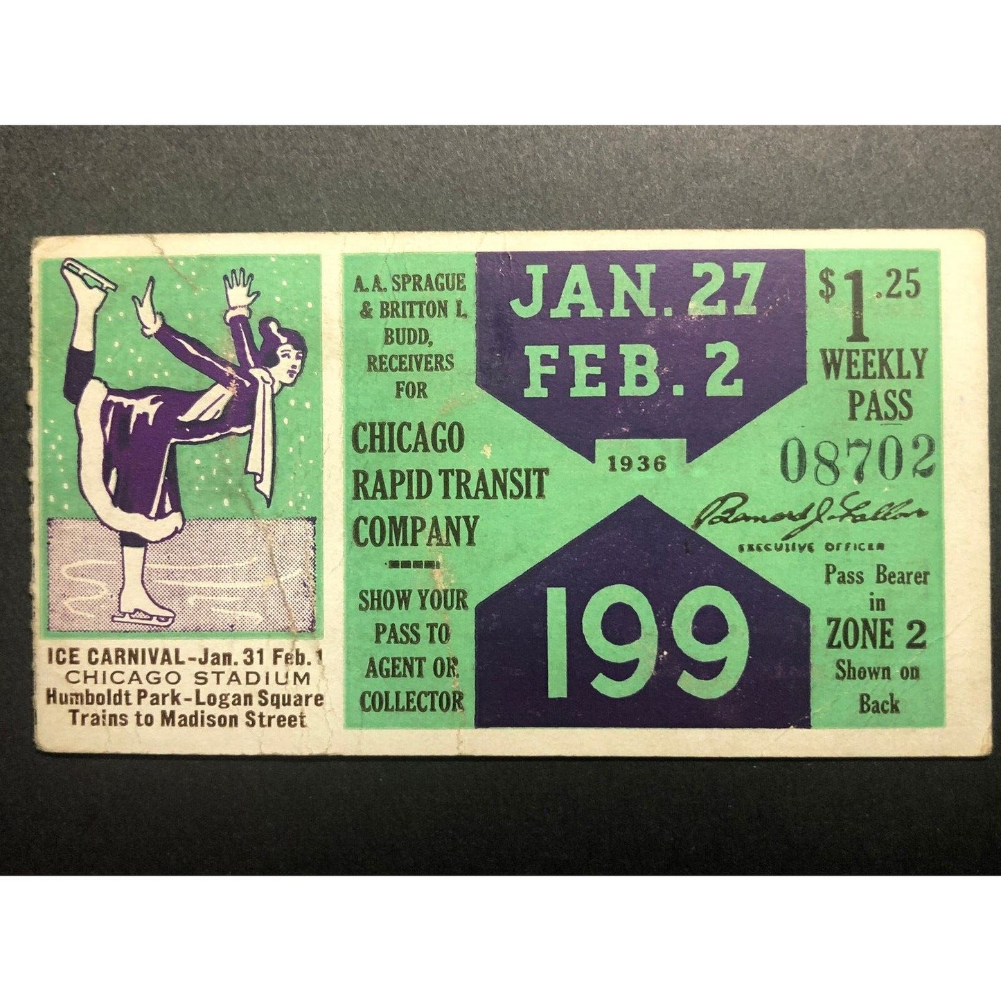 1936 Chicago Transit Authority Weekly Pass Feb. "Ice Carnival" Stadium w/ Skater