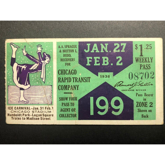 1936 Chicago Transit Authority Weekly Pass Feb. "Ice Carnival" Stadium w/ Skater