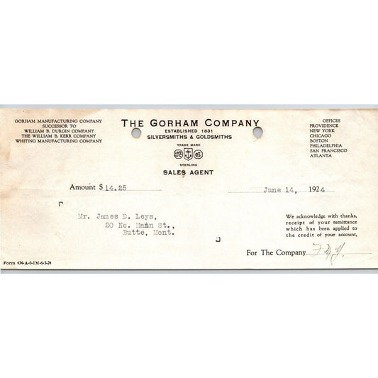 Gorham Company Silversmiths Goldsmiths 1924 "Leys" Billhead / Receipt