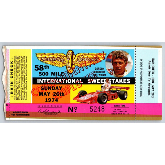 1974 Indy 500 Complementary Employee Ticket Stub #5248 - Ron Burton Estate