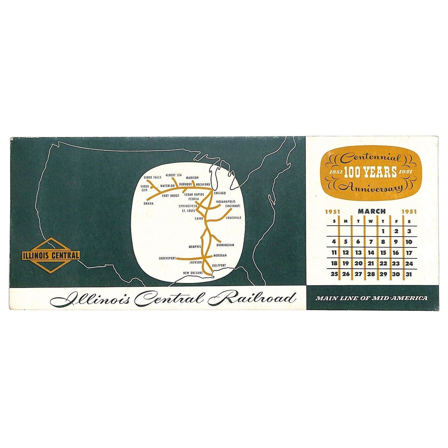 Illinois Central Railroad March 1951 Centennial Ink Blotter w/ Route Map