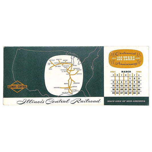 Illinois Central Railroad March 1951 Centennial Ink Blotter w/ Route Map