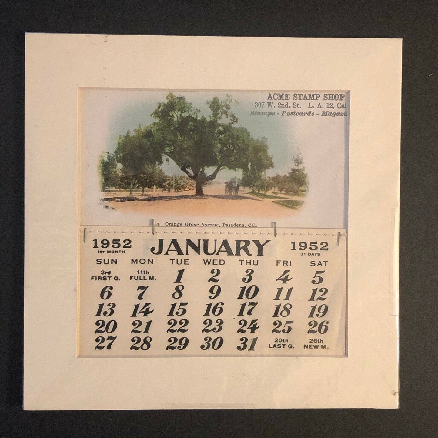 1952 Matted Postcard / Calendar Orange Grove Avenue, Pasadena, CA