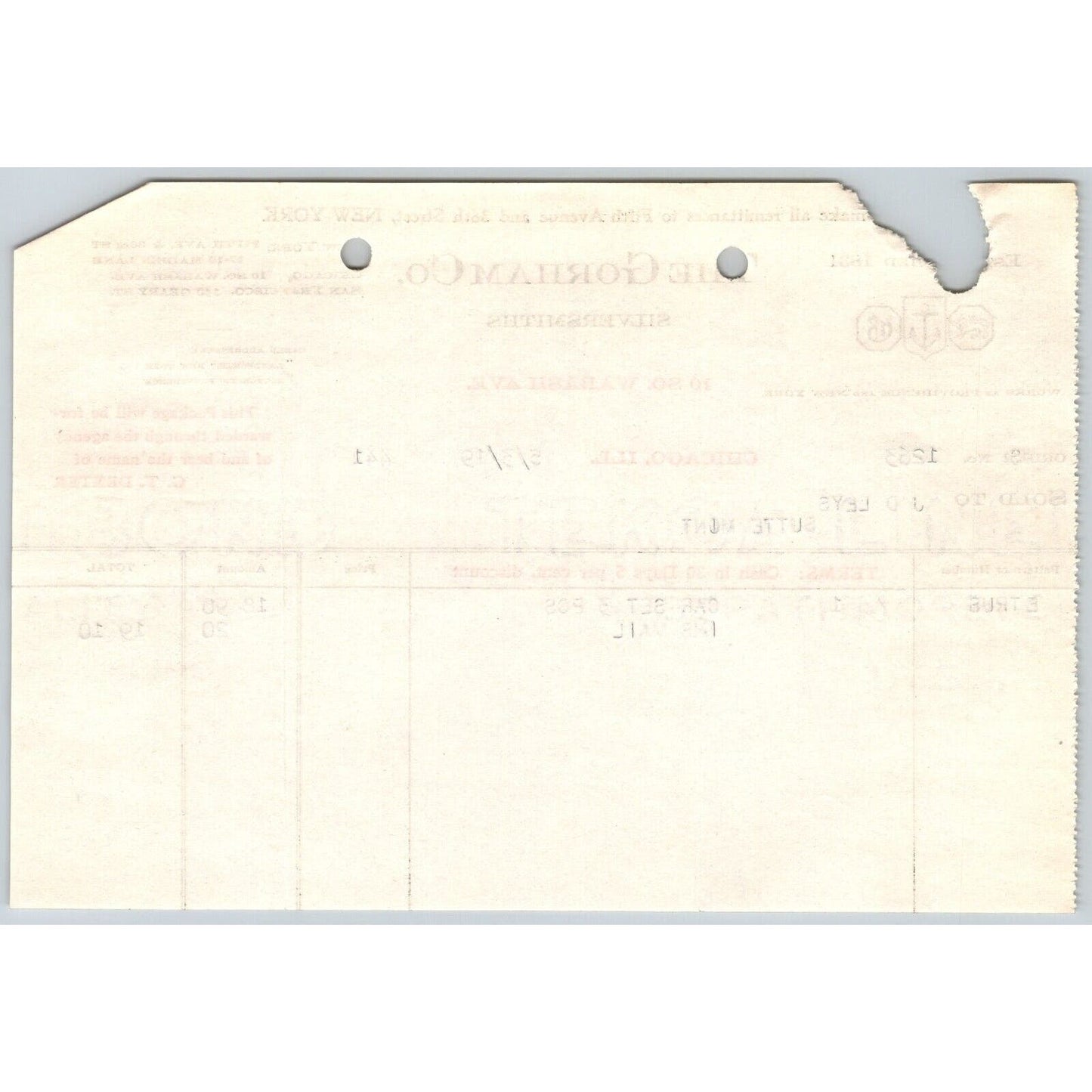 Gorham Silversmiths Chicago "Leys" Jewelers Butte, MT 1919 $19.10 Billhead