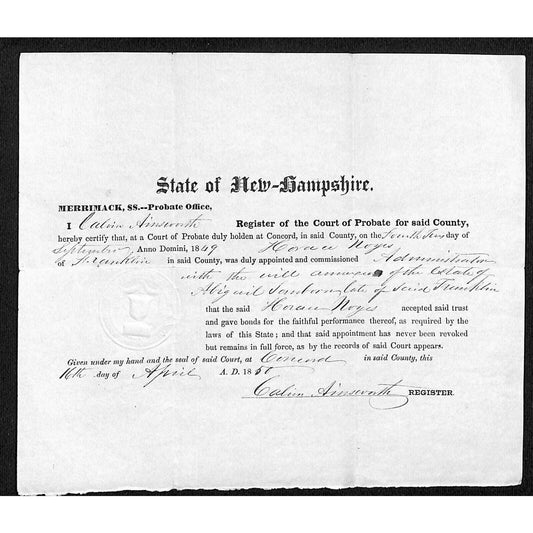 1849 State of New Hampshire Concord Probate / Will Abigail Sanborn Document