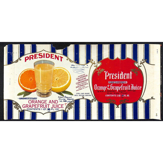 1950 Paper Fruit Can Label Orange & Grapefruit Juice - California Packing