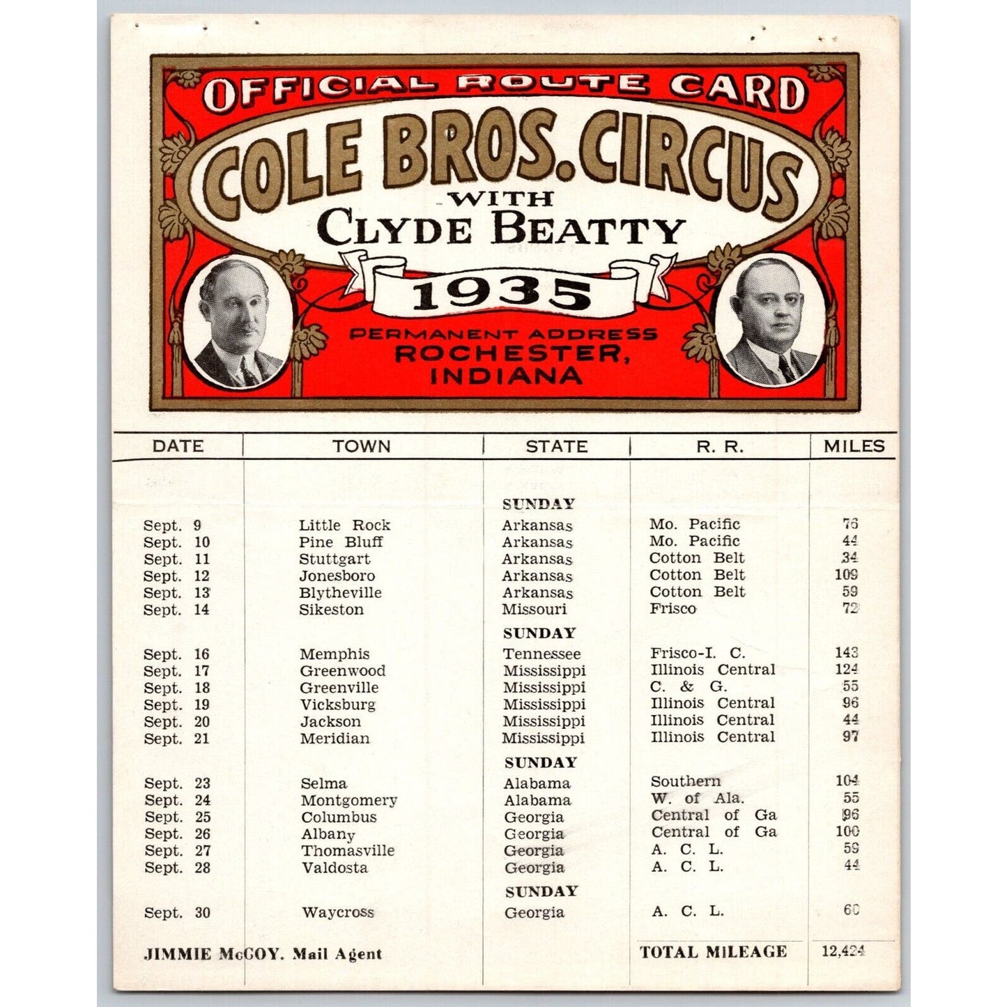 1935 Cole Bros with Clyde Beatty Circus Route Card AR MO MI AL GA