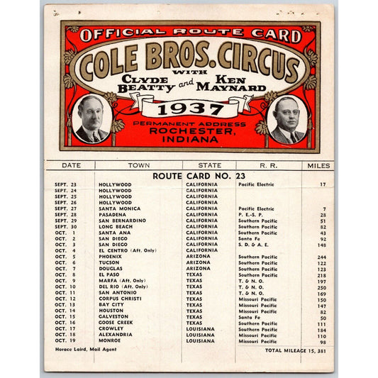 1937 Cole Bros with Clyde Beatty Ken Maynard Circus Route Card CA AZ TX LA