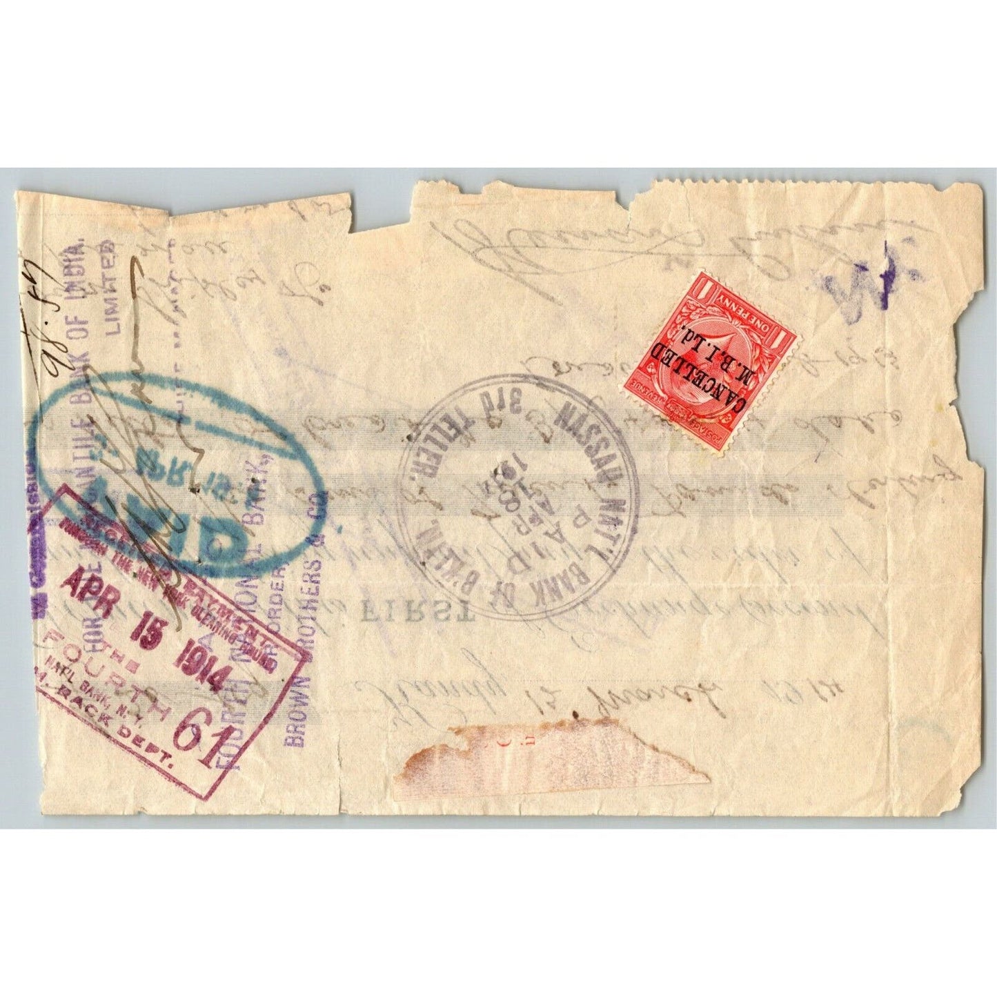 1914 Mercantile Bank of India / Brown, Shipley & Co. London - Bank Check