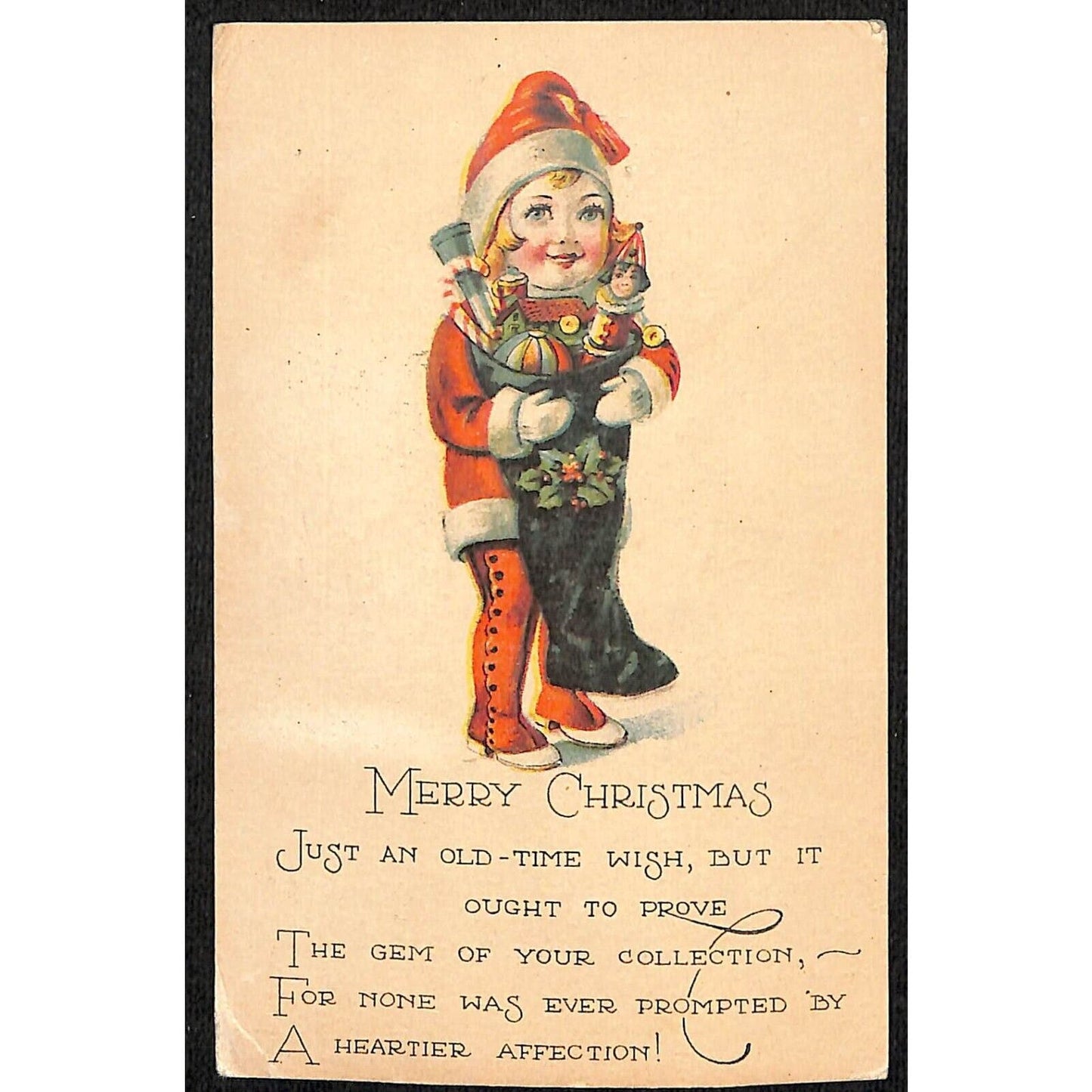 Merry Christmas Old Time Wish Postcard Happy Child Holds Sock of Gifts PM 1925