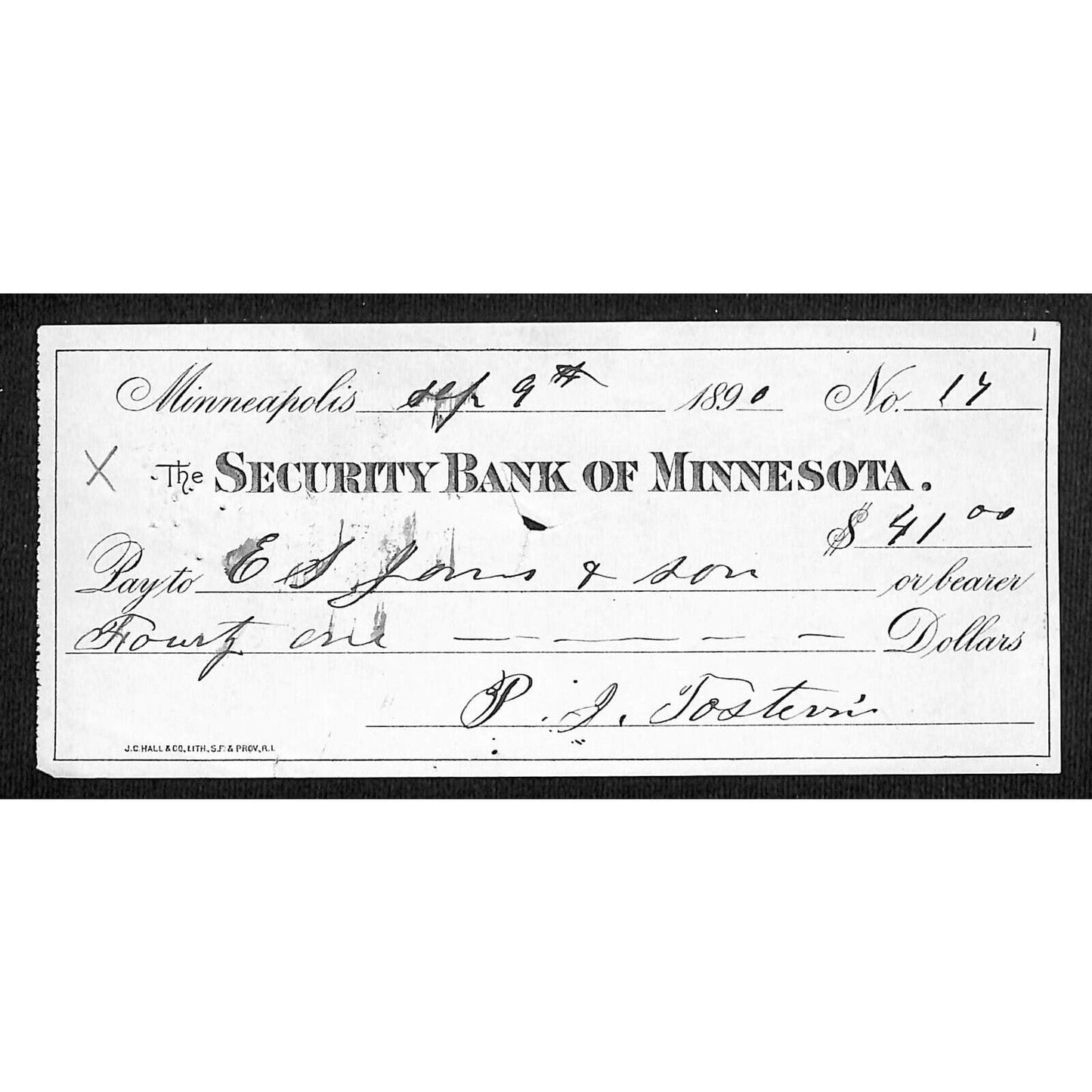 Minneapolis "Security Bank of Minnesota" $41 Bank Check 1890 - Scarce