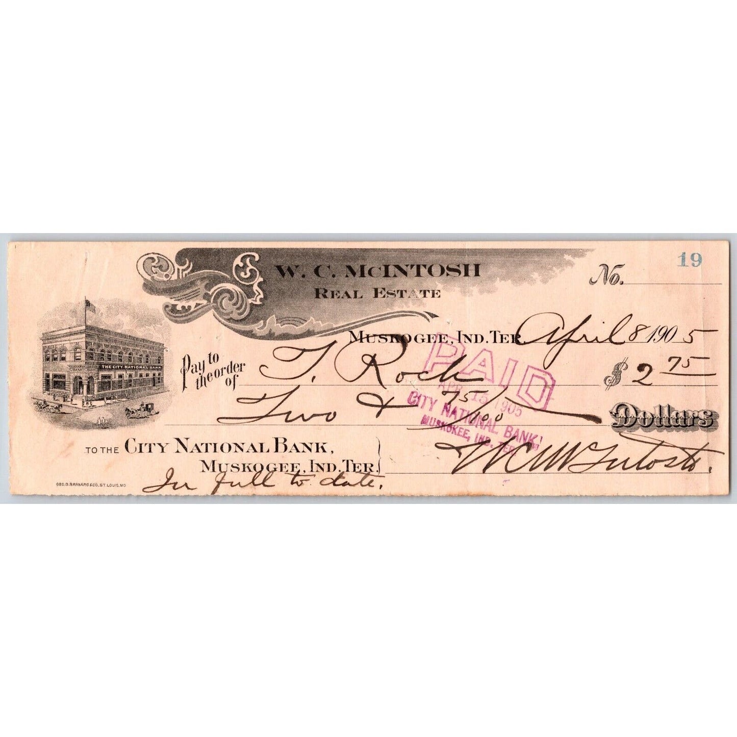 Muskogee, OK 1905 Indian Territory W.C. McIntosh Real Estate Bank Check Scarce