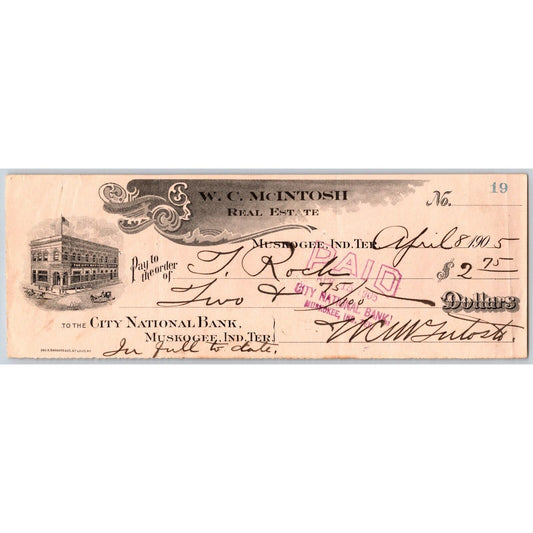 Muskogee, OK 1905 Indian Territory W.C. McIntosh Real Estate Bank Check Scarce