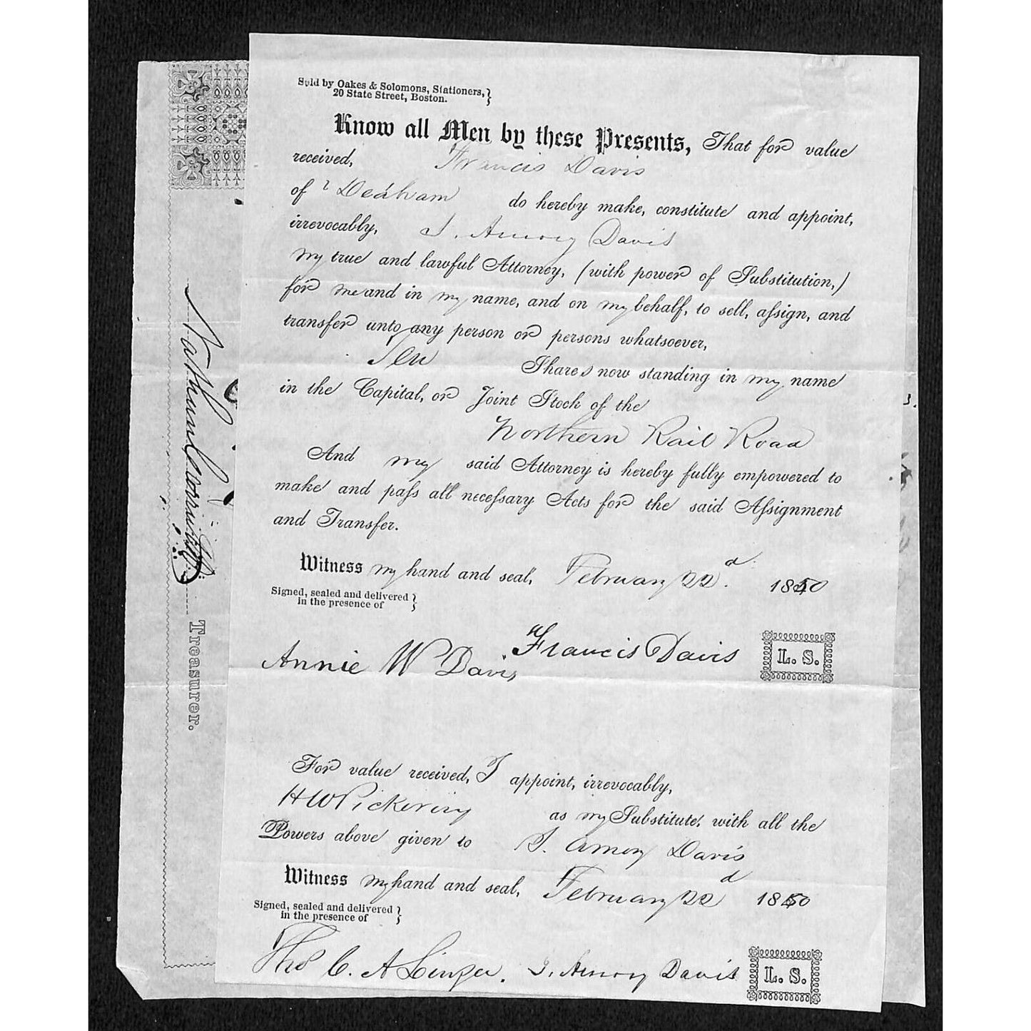 1849 Northern Railroad Stock Certificate & Affixed 1850 Power of Attorney Letter