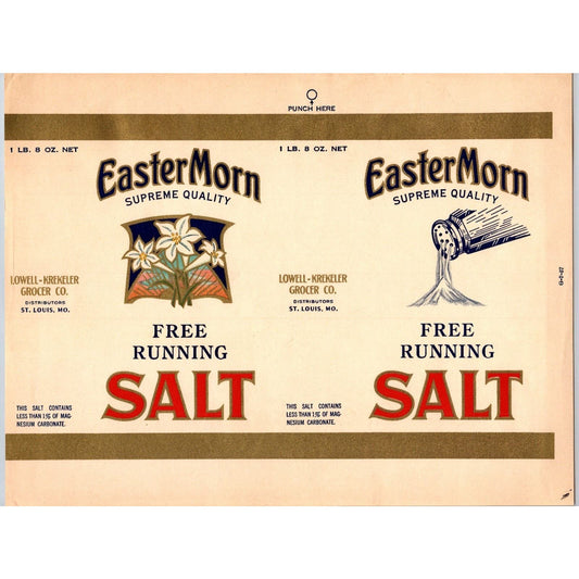 EasterMorn Free Running Salt Paper Label Lowell-Krekeler St. Louis c1937 Scarce
