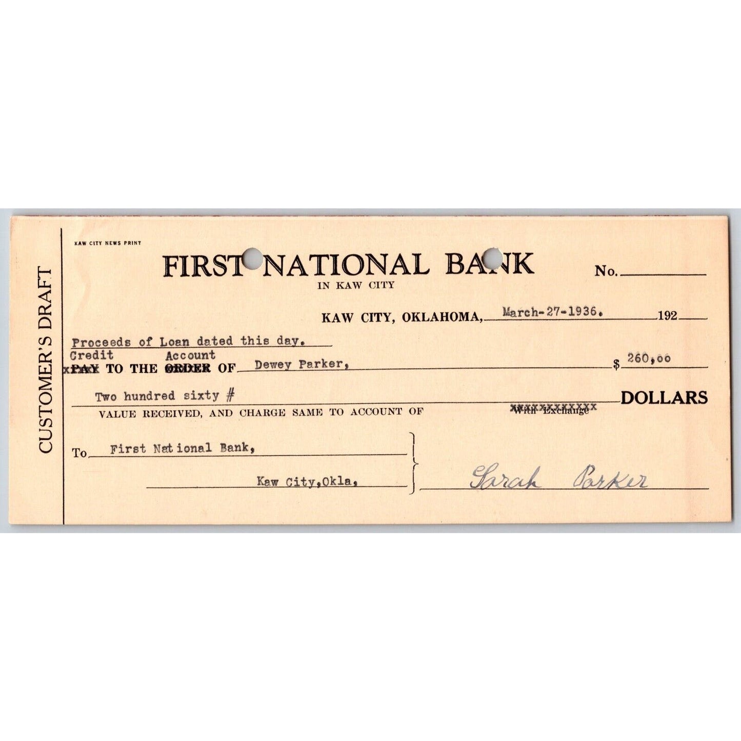 Kaw City, Oklahoma 1936 FNB Bank Check - VGC