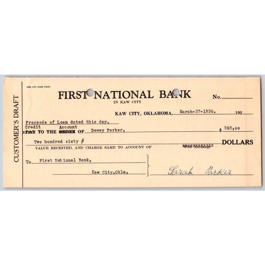 Kaw City, Oklahoma 1936 FNB Bank Check - VGC