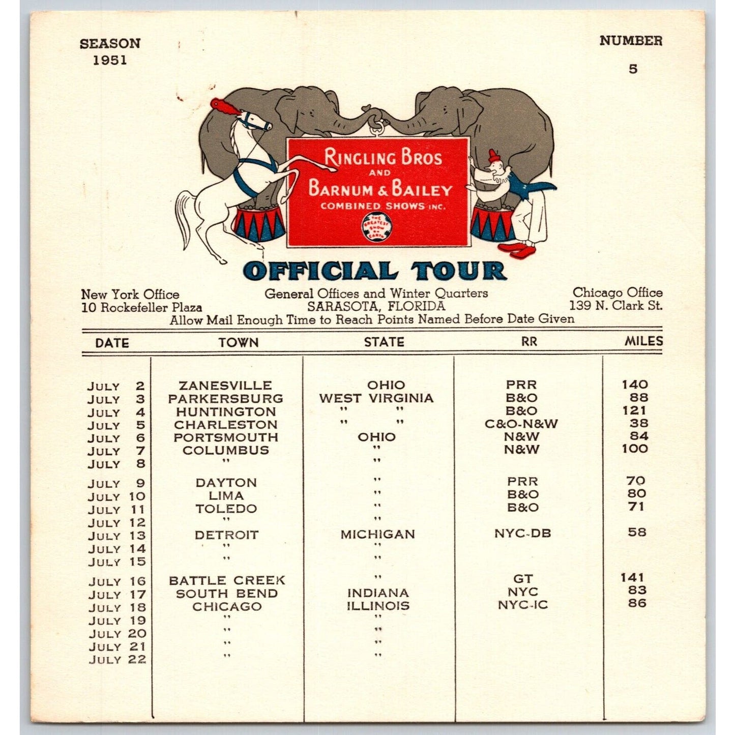 1951 Ringling Bros Barnum Bailey Circus Route Card Columbus Detroit Chicago
