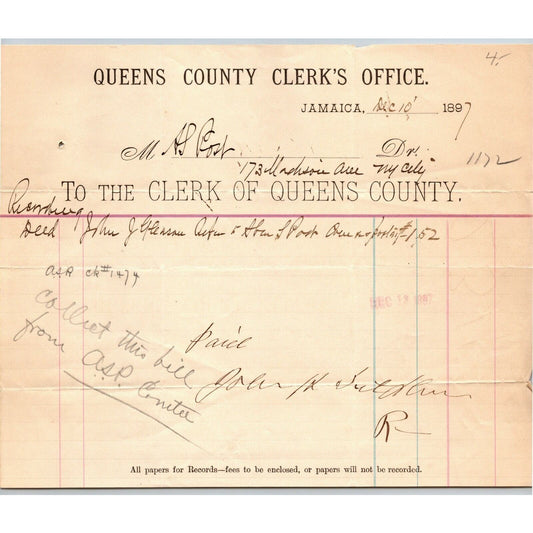 1897 Jamaica, NY Letterhead Clerk of Queen's County Office