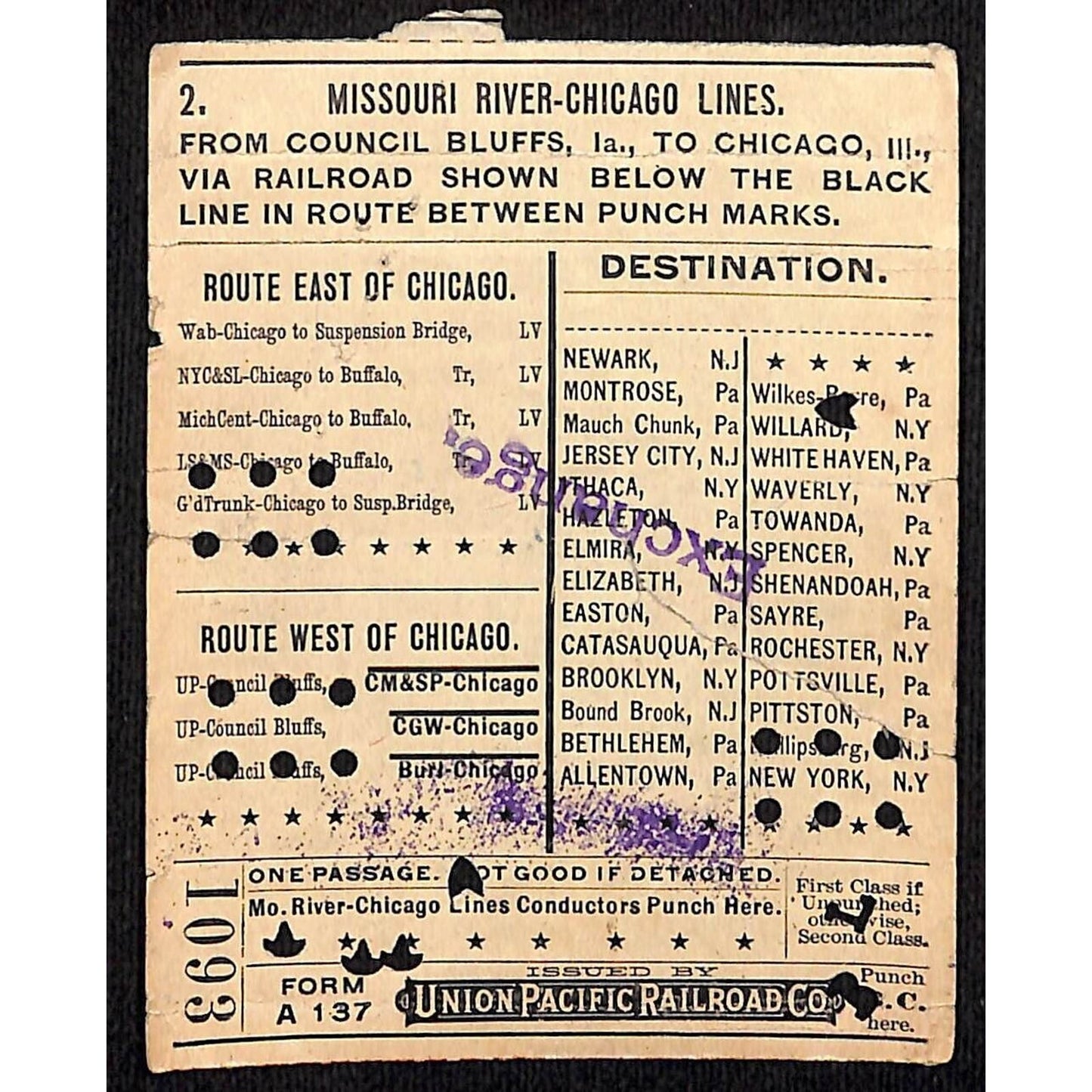 1911 Union Pacific Railroad Ticket Missouri River Chicago Council Bluffs #1093