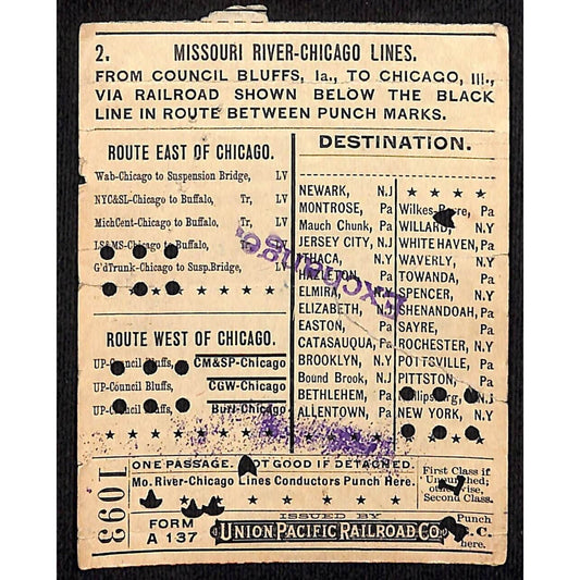 1911 Union Pacific Railroad Ticket Missouri River Chicago Council Bluffs #1093