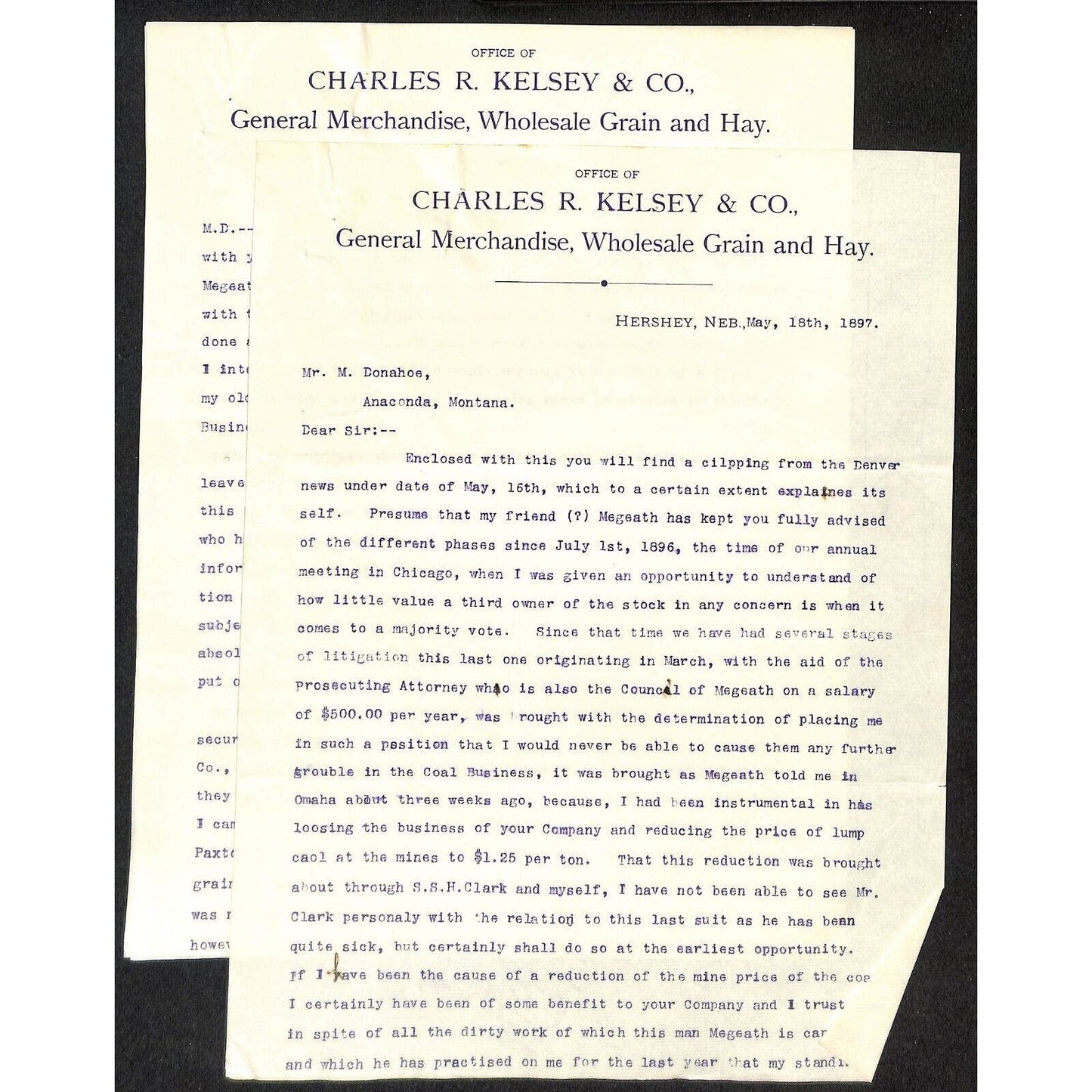 Hershey, NE Charles R. Kelsey & Co. Gen Mdse 1897 3pp Letterhead re: Coal Mining