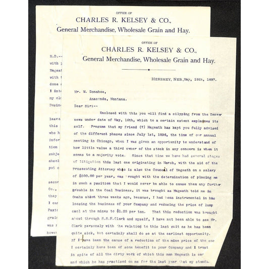 Hershey, NE Charles R. Kelsey & Co. Gen Mdse 1897 3pp Letterhead re: Coal Mining