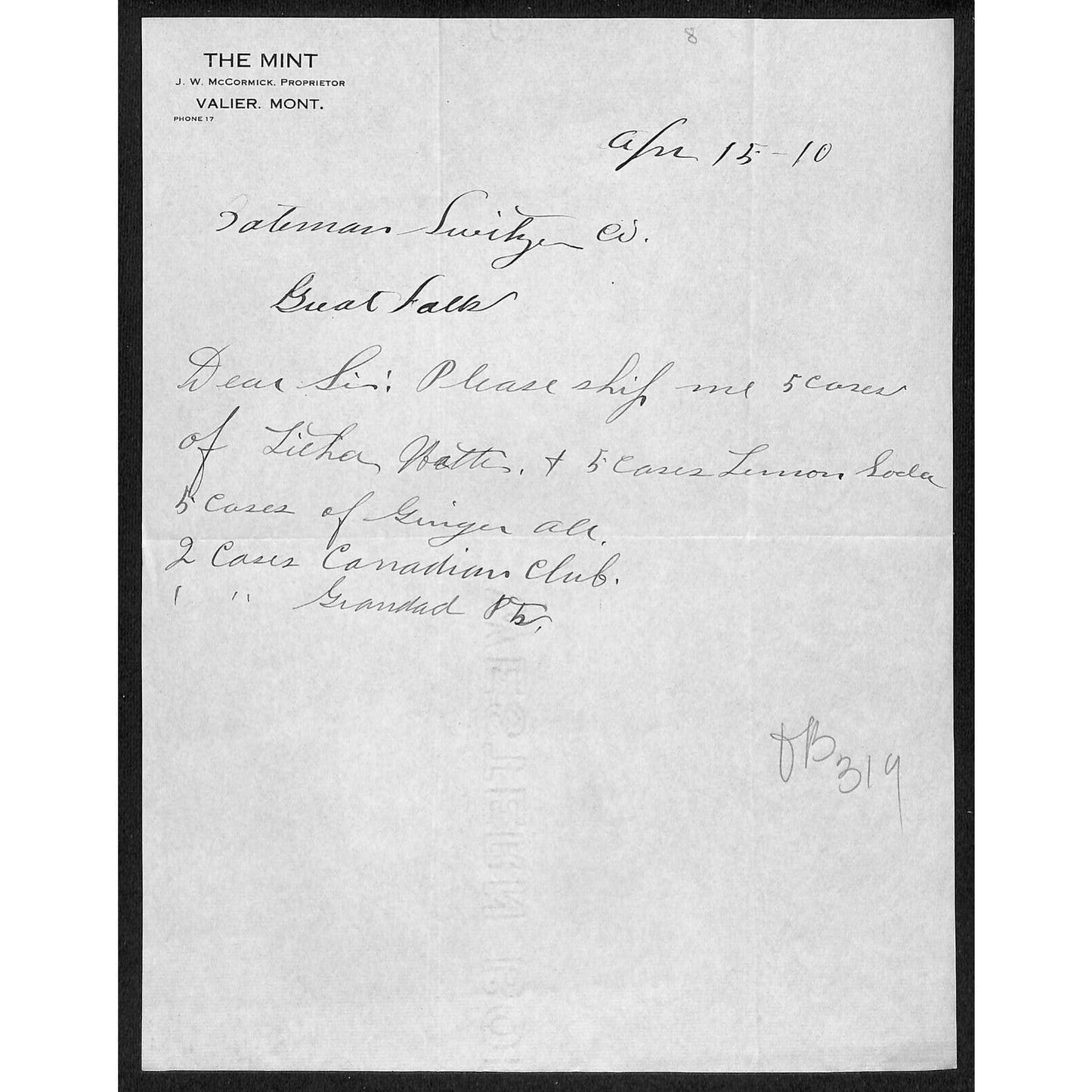 Valier, MT "The Mint" (Saloon & Restaurant) 1910 Letterhead - Bateman Switzer
