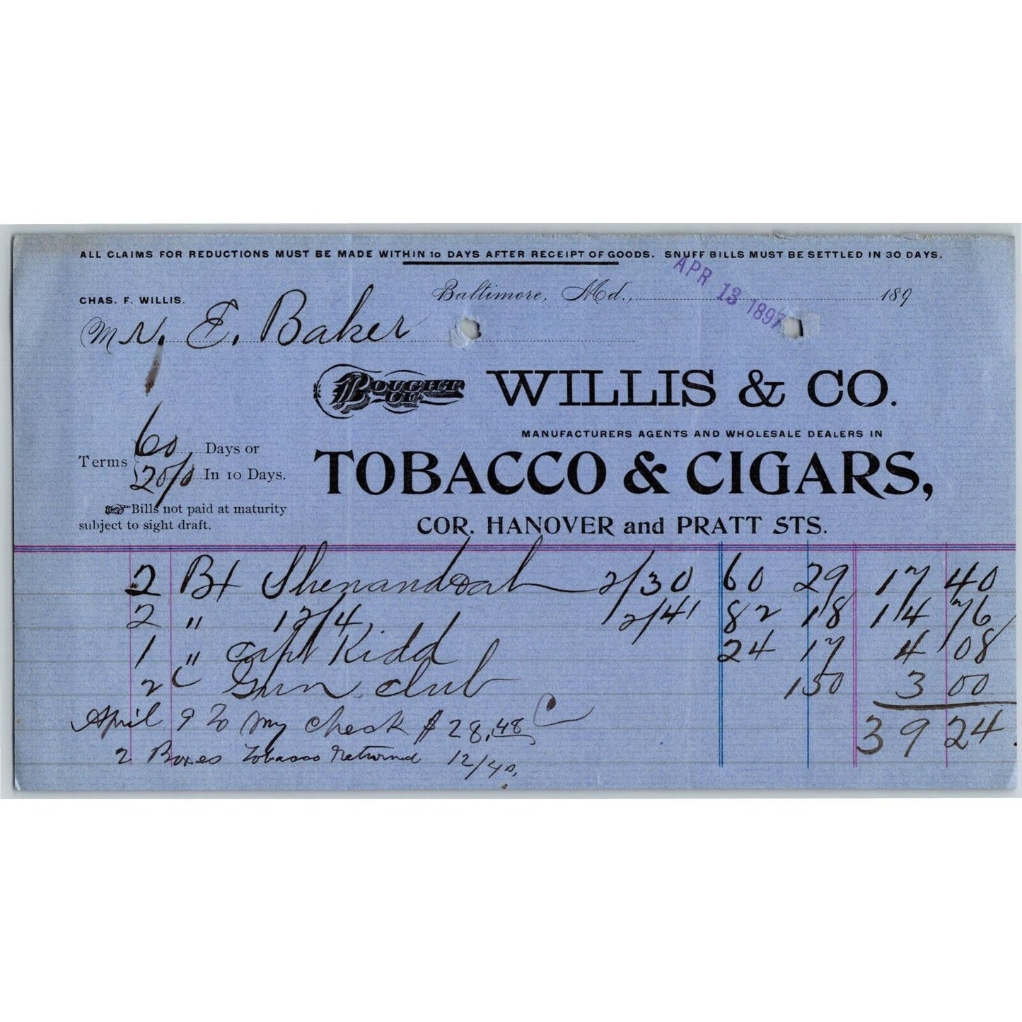 1897 Letterhead Billhead Willis & Co. Tobacco Cigars Baltimore Ephraim Baker*