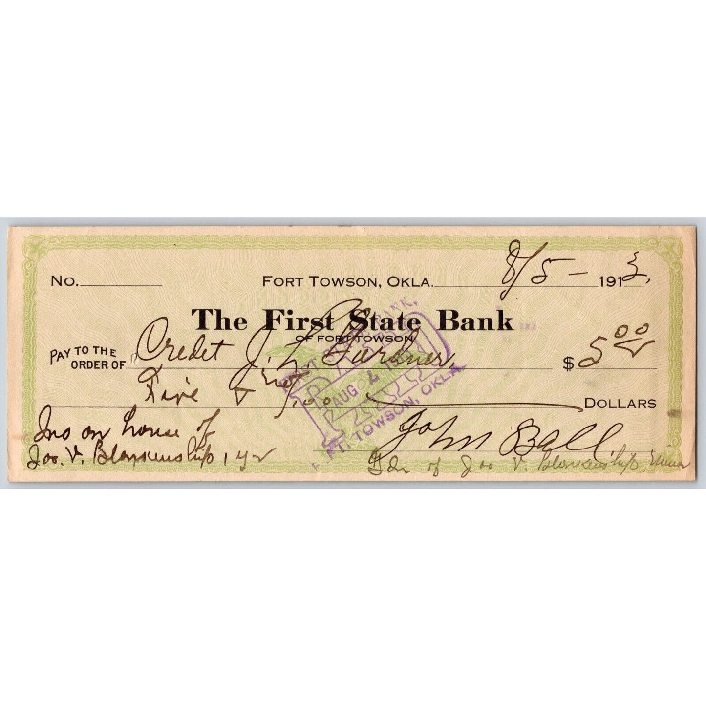 Fort Towson Oklahoma 1913 First State Bank Check Scarce