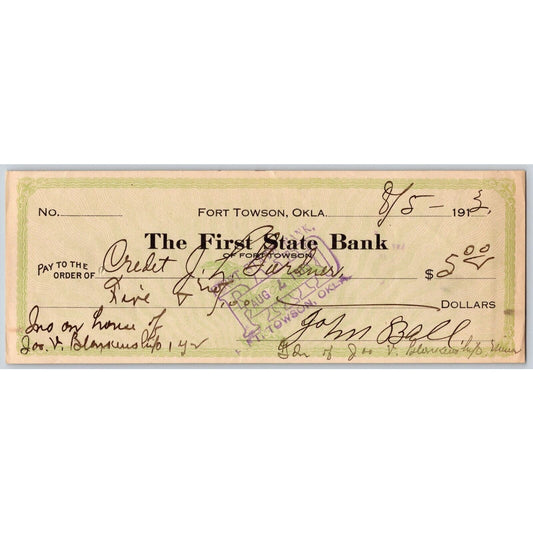 Fort Towson Oklahoma 1913 First State Bank Check Scarce