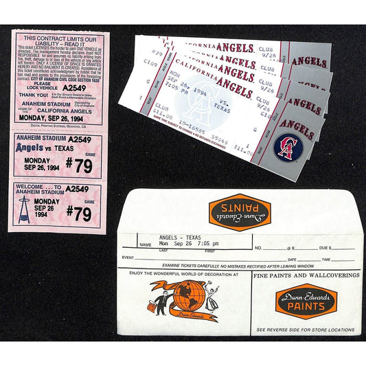 California Angels Tickets 4 Unused 9/26/94 Strike - Game Not Played