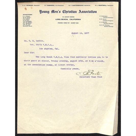 Long Beach, Los Angeles, CA YMCA / D. E. Luther 1907 Letterhead re" Glee Club