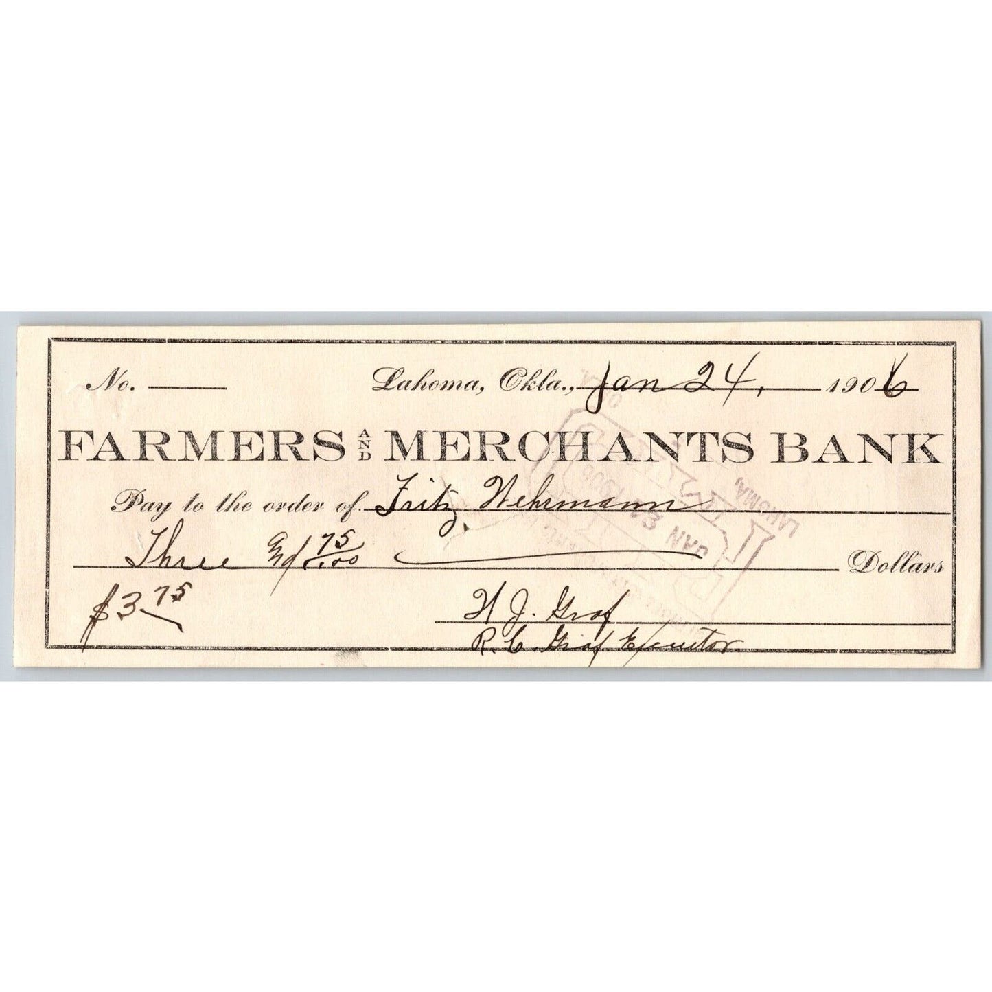 Lahoma, Oklahoma 1906 Territorial "Farmers and Merchants Bank" Check - Scarce