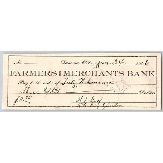 Lahoma, Oklahoma 1906 Territorial "Farmers and Merchants Bank" Check - Scarce